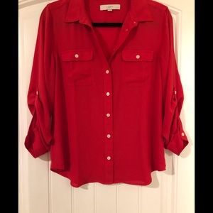 Ann Taylor LOFT Red Button Down Shirt Petite Med